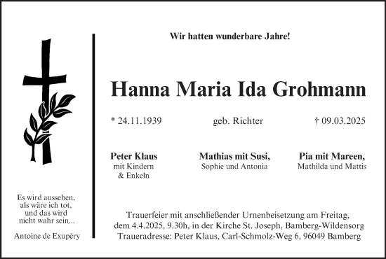 Anzeige von Hanna Maria Ida Grohmann von MGO