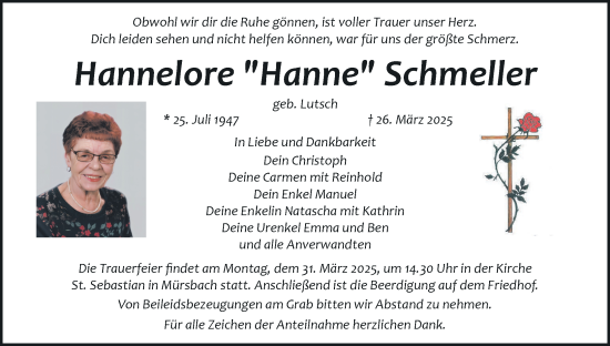 Anzeige von Hannelore Schmeller von MGO