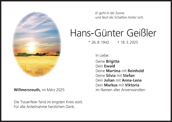 Anzeige von Hans-Günter Geißler von MGO