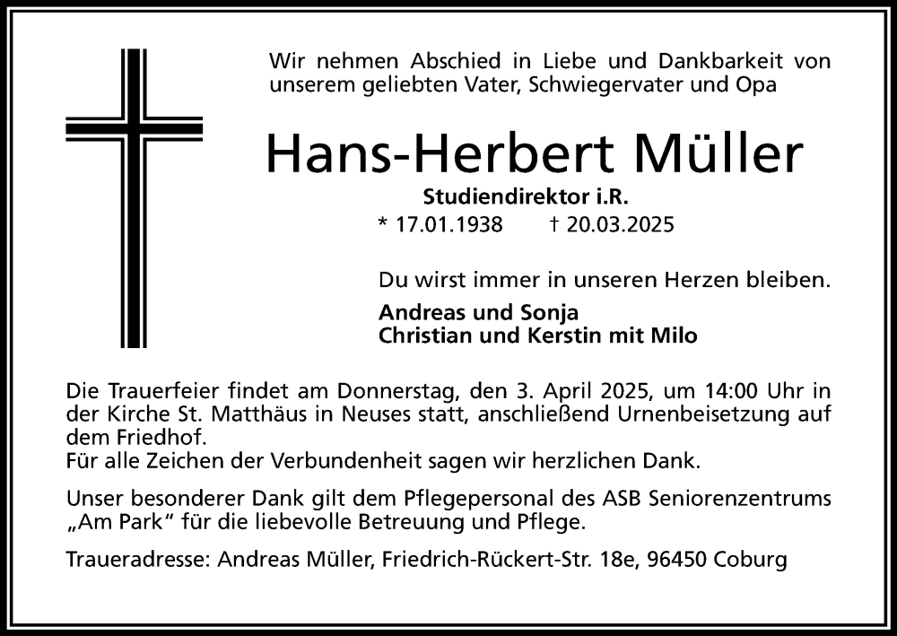  Traueranzeige für Hans-Herbert Müller vom 29.03.2025 aus MGO