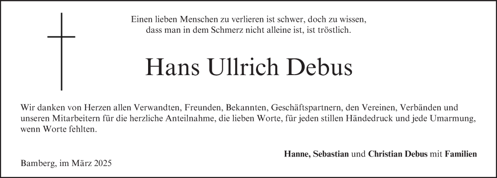  Traueranzeige für Hans Ullrich Debus vom 15.03.2025 aus MGO
