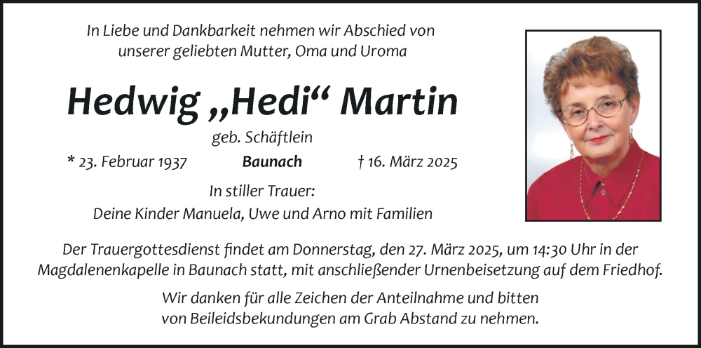 Traueranzeige für Hedwig Martin vom 22.03.2025 aus MGO