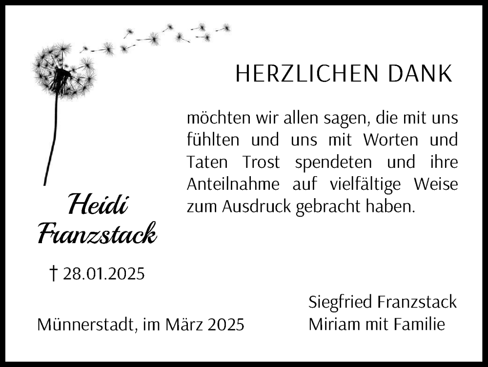  Traueranzeige für Heidi Franzstack vom 08.03.2025 aus MGO