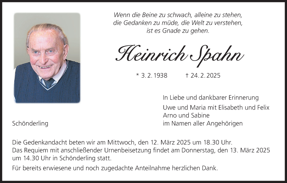  Traueranzeige für Heinrich Spahn vom 08.03.2025 aus MGO