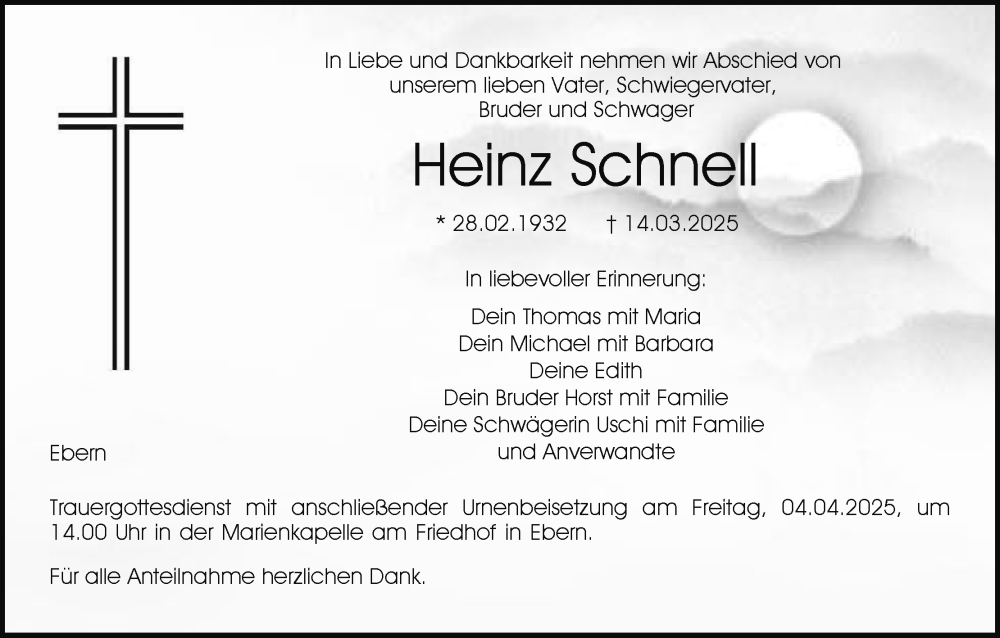  Traueranzeige für Heinz Schnell vom 29.03.2025 aus MGO