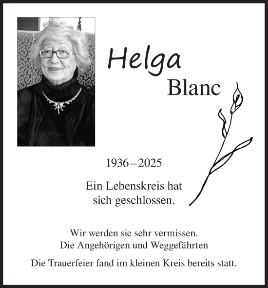Anzeige von Helga Blanc von MGO