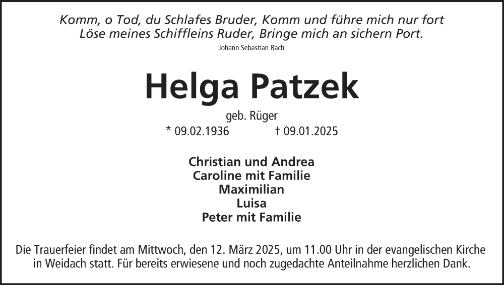  Traueranzeige für Helga Patzek vom 08.03.2025 aus MGO