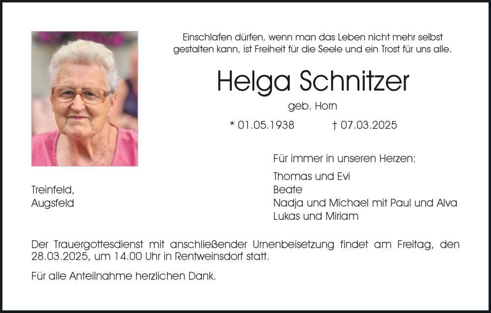  Traueranzeige für Helga Schnitzer vom 22.03.2025 aus MGO