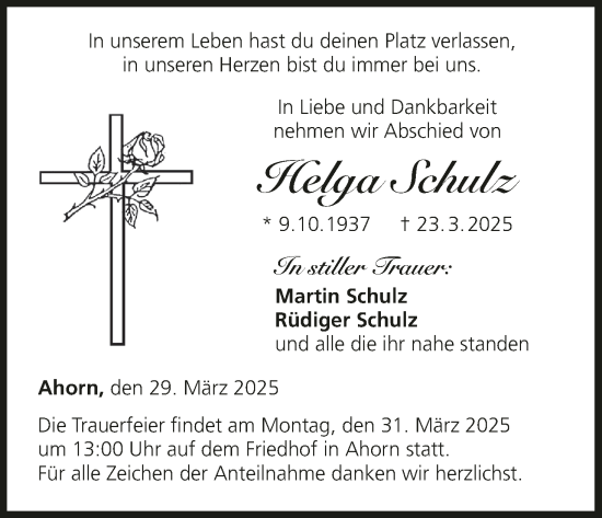 Anzeige von Helga Schulz von MGO