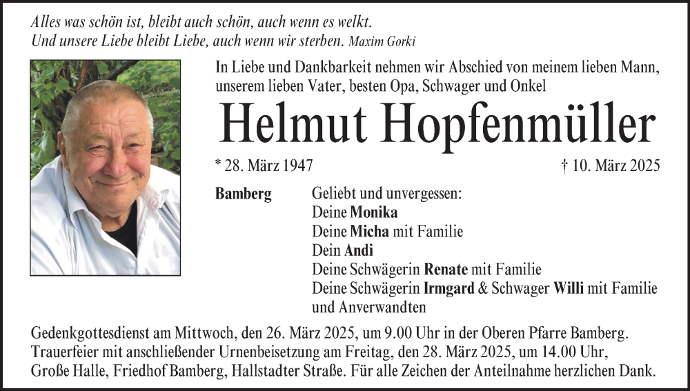  Traueranzeige für Helmut Hopfenmüller vom 22.03.2025 aus MGO
