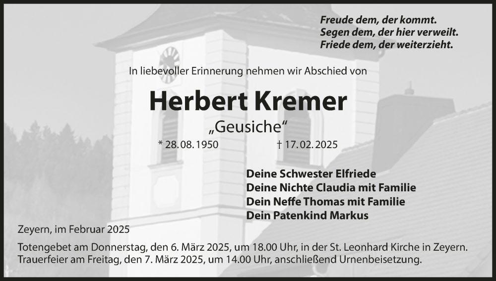 Traueranzeige für Herbert Kremer vom 01.03.2025 aus MGO