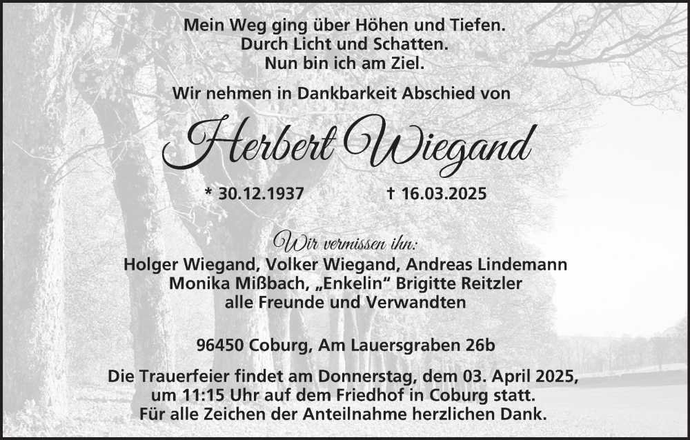  Traueranzeige für Herbert Wiegand vom 29.03.2025 aus MGO
