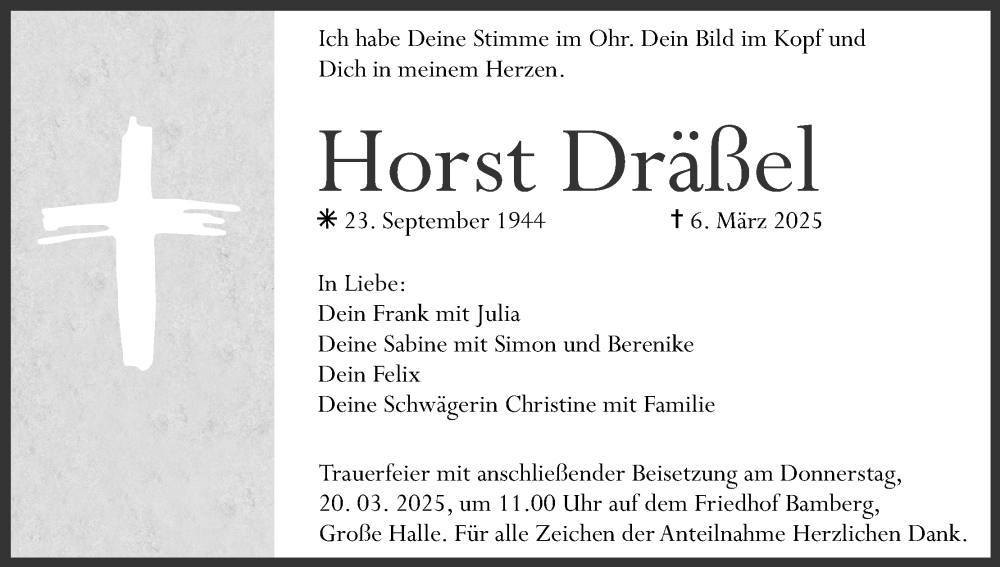  Traueranzeige für Horst Dräßel vom 15.03.2025 aus MGO