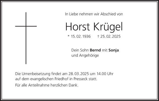 Anzeige von Horst Krügel von MGO