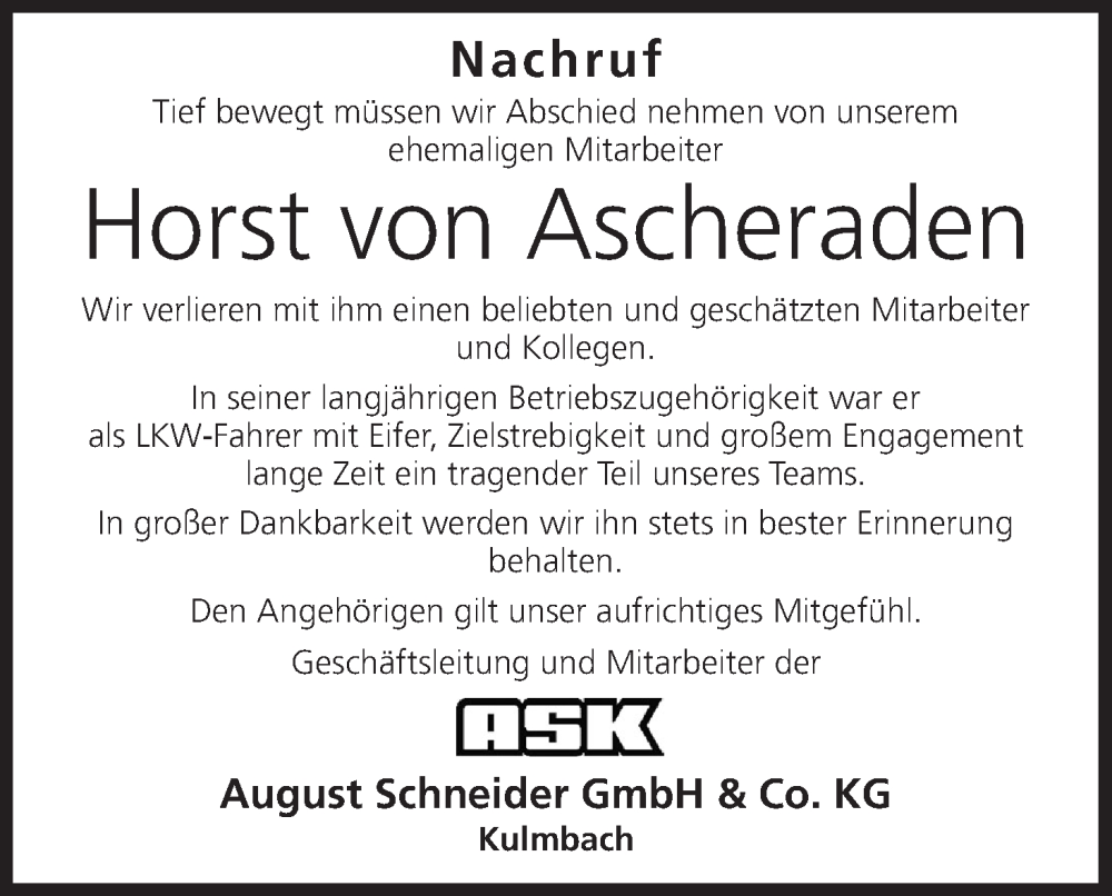  Traueranzeige für Horst von Ascheraden vom 13.03.2025 aus MGO