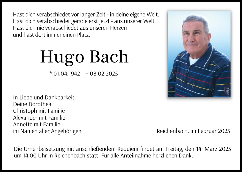  Traueranzeige für Hugo Bach vom 08.03.2025 aus MGO
