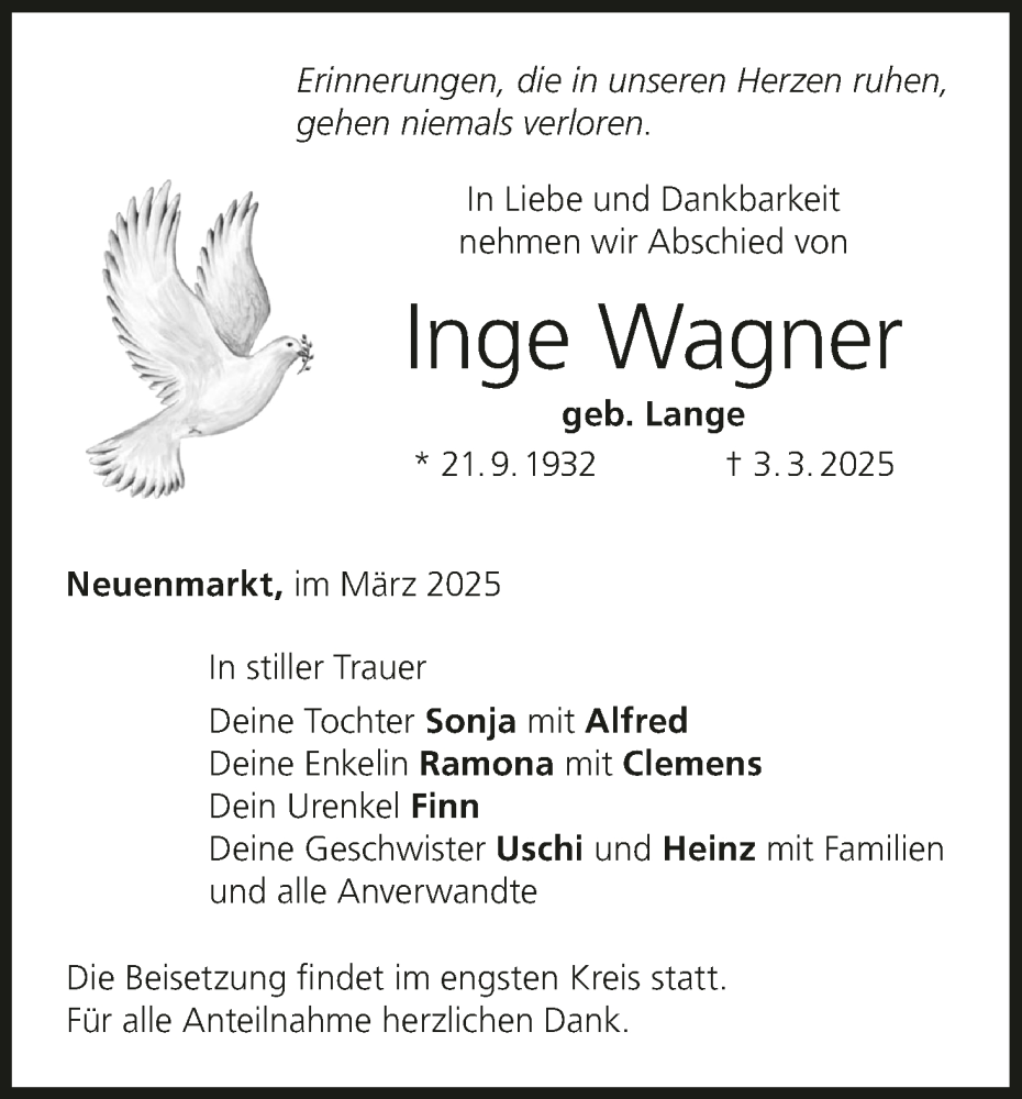  Traueranzeige für Inge Wagner vom 08.03.2025 aus MGO