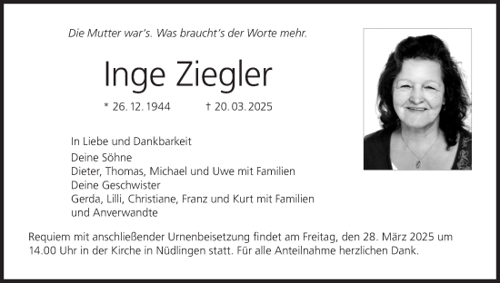 Anzeige von Inge Ziegler von MGO