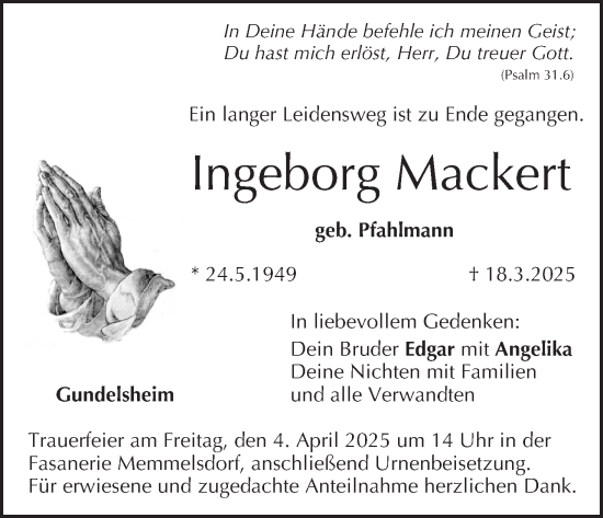 Anzeige von Ingeborg Mackert von MGO