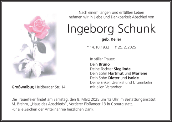 Anzeige von Ingeborg Schunk von MGO