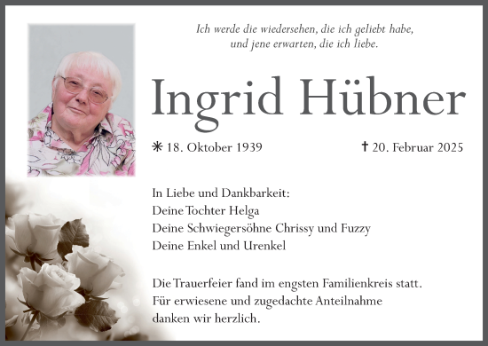 Anzeige von Ingrid Hübner von MGO