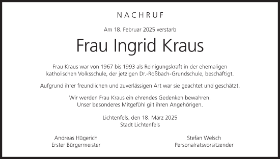 Anzeige von Ingrid Kraus von MGO
