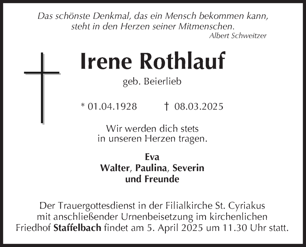  Traueranzeige für Irene Rothlauf vom 29.03.2025 aus MGO