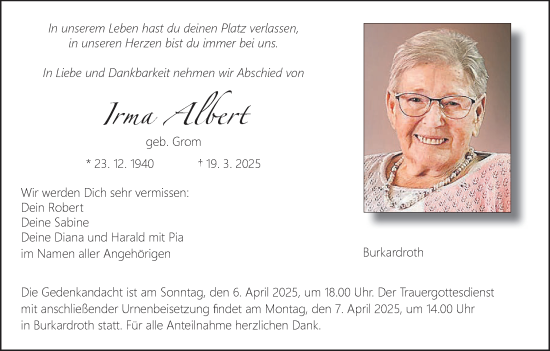 Anzeige von Irma Albert von MGO