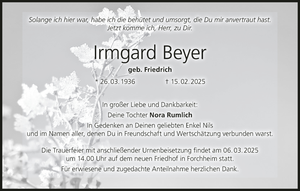  Traueranzeige für Irmgard Beyer vom 01.03.2025 aus MGO