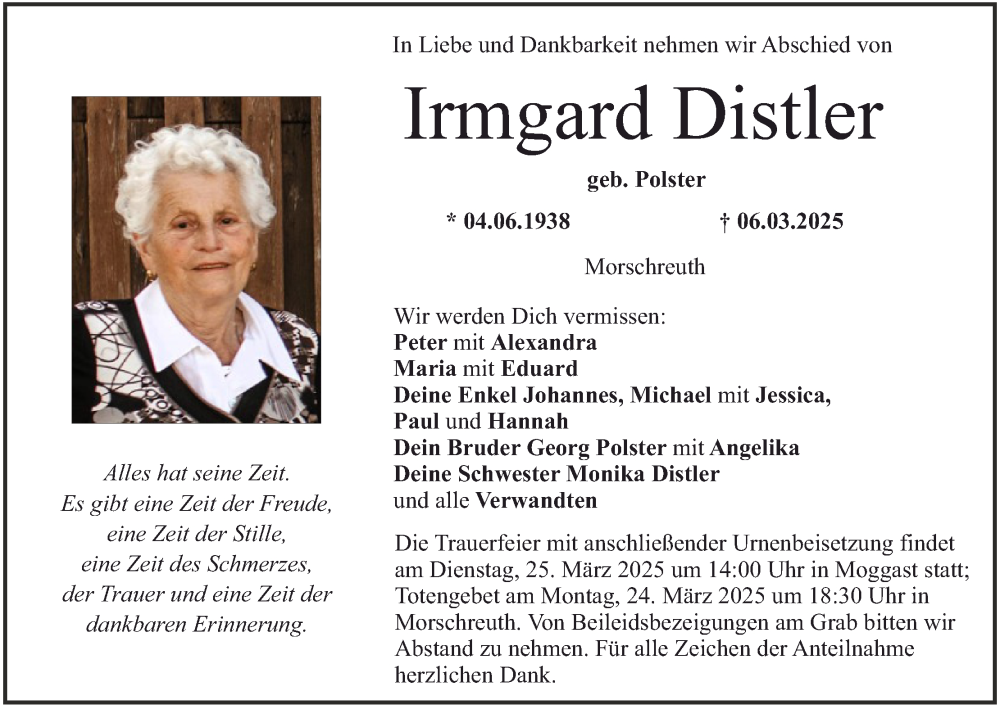  Traueranzeige für Irmgard Distler vom 22.03.2025 aus MGO
