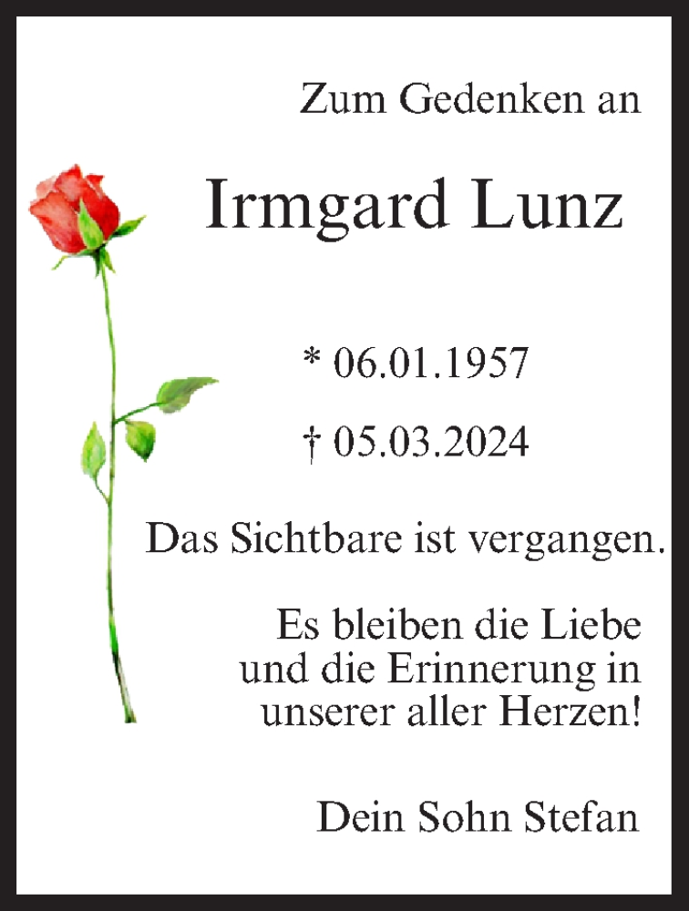  Traueranzeige für Irmgard Lunz vom 05.03.2025 aus MGO