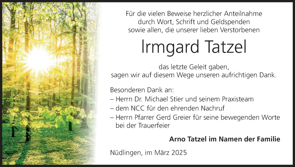  Traueranzeige für Irmgard Tatzel vom 08.03.2025 aus MGO