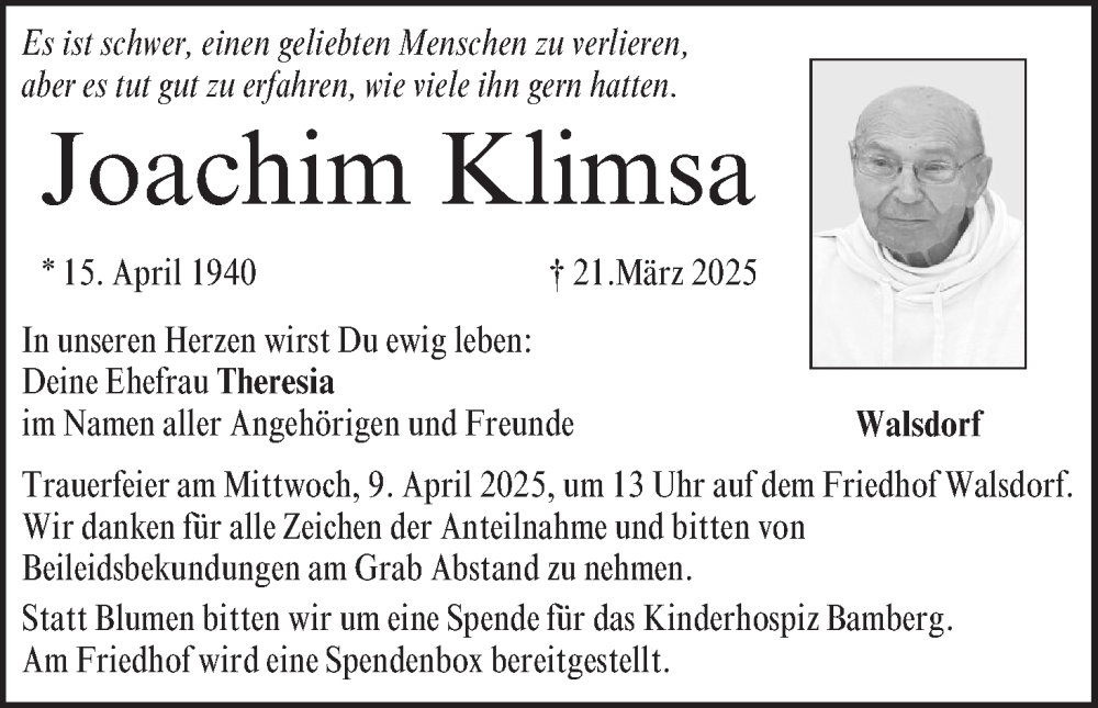  Traueranzeige für Joachim Klimsa vom 29.03.2025 aus MGO