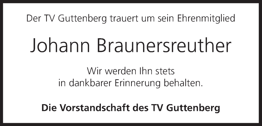  Traueranzeige für Johann Braunersreuther vom 20.03.2025 aus MGO