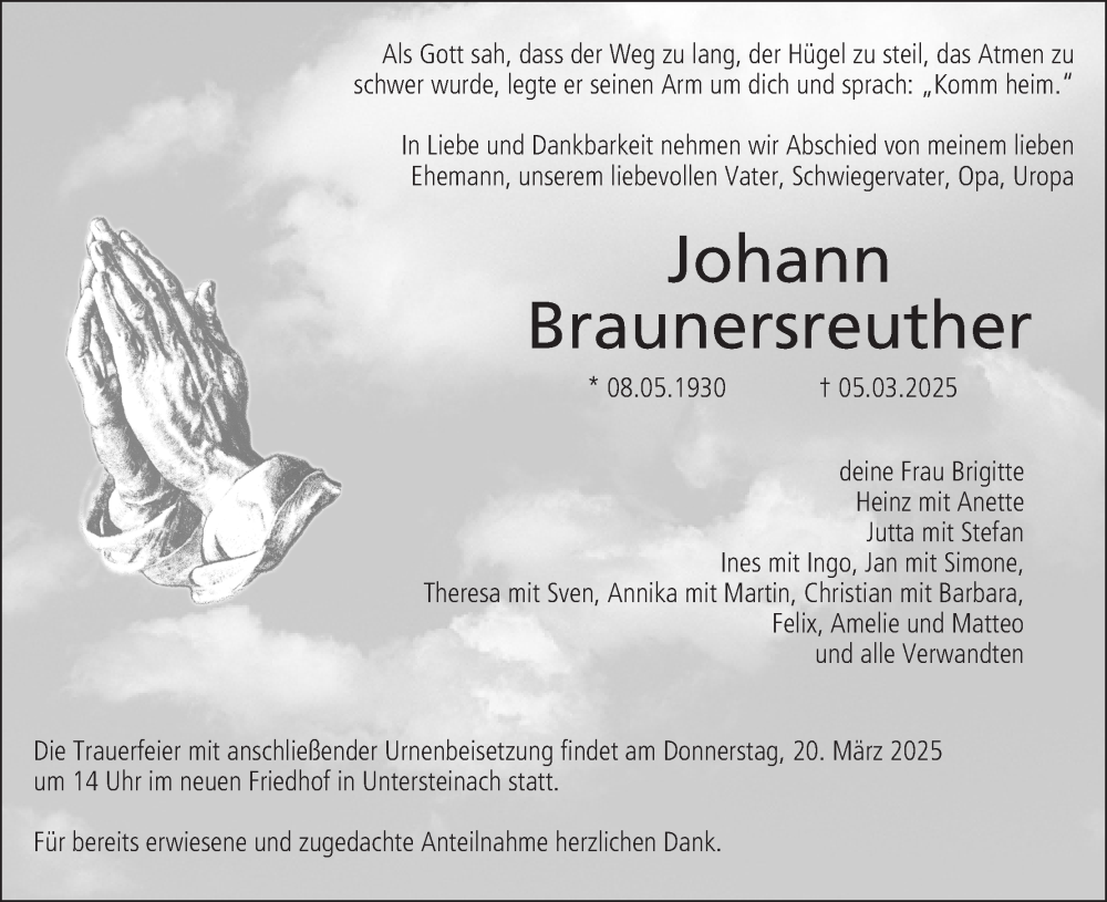  Traueranzeige für Johann Braunersreuther vom 15.03.2025 aus MGO