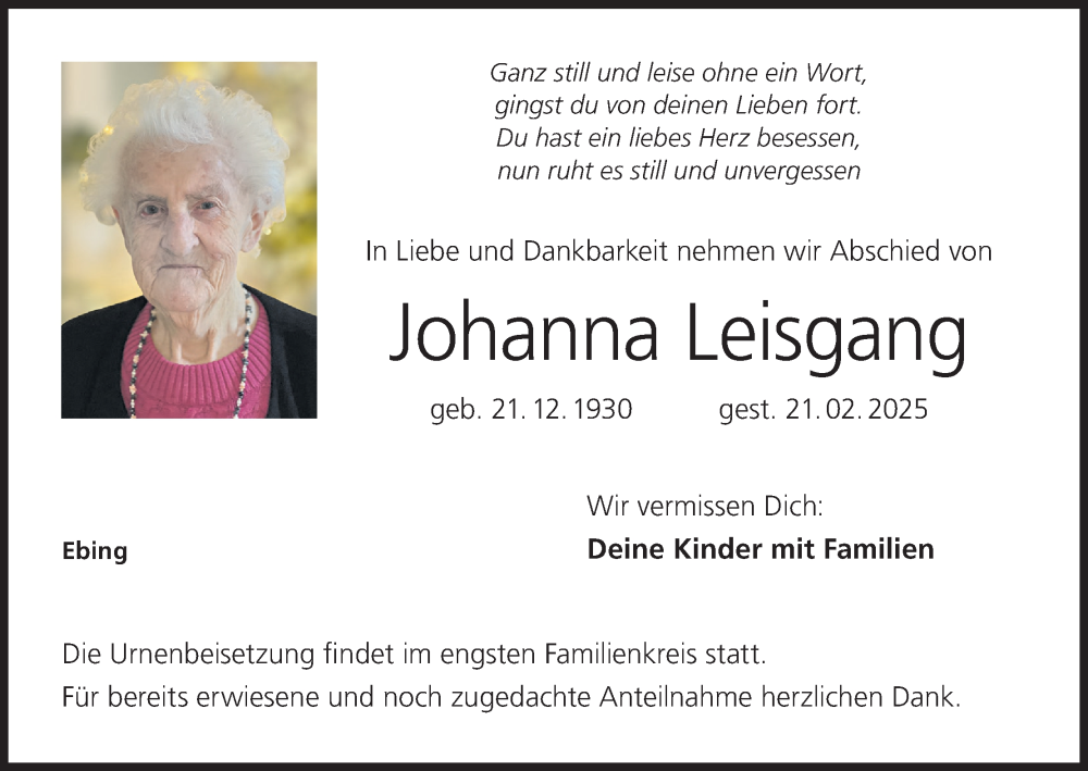  Traueranzeige für Johanna Leisgang vom 06.03.2025 aus MGO