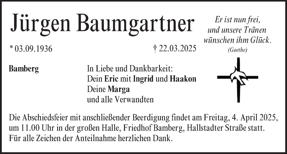  Traueranzeige für Jürgen Baumgartner vom 29.03.2025 aus MGO