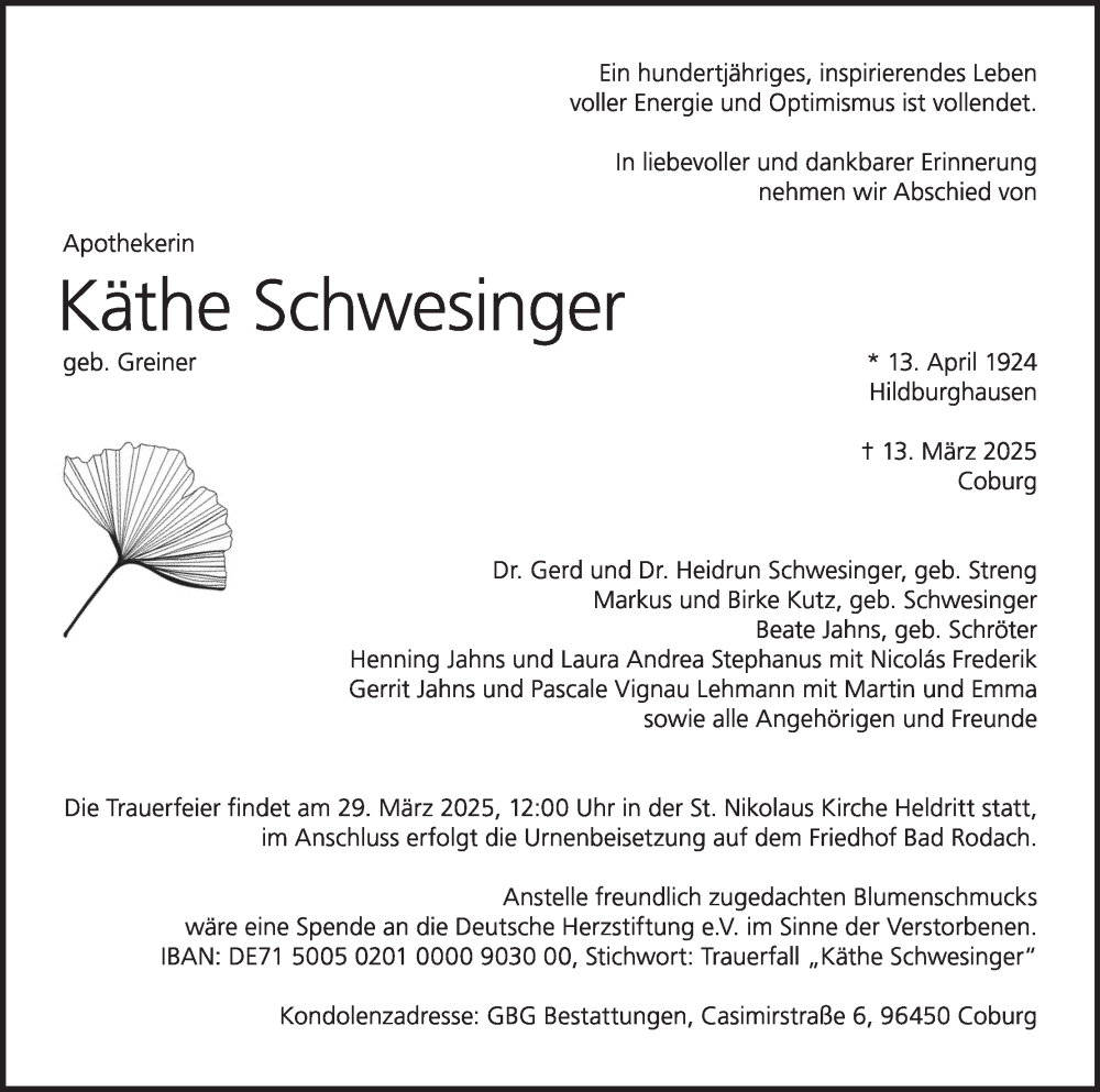  Traueranzeige für Käthe Schwesinger vom 22.03.2025 aus MGO