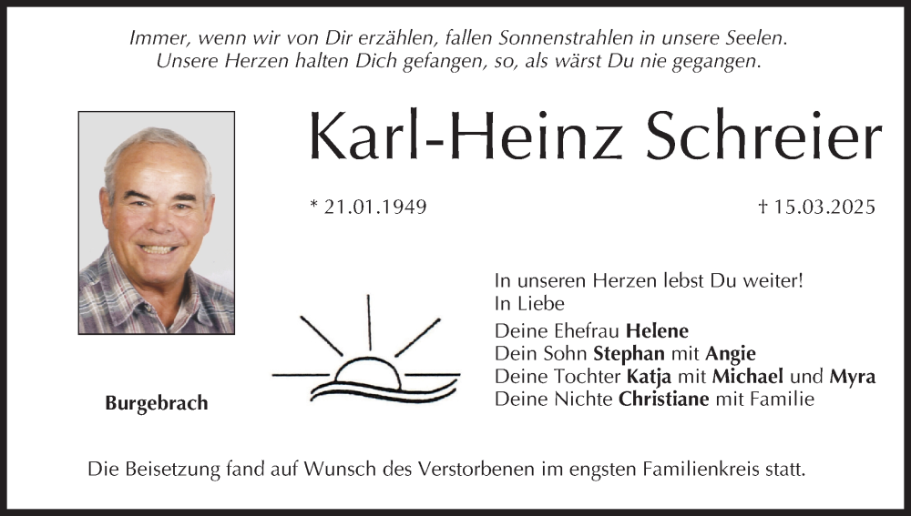  Traueranzeige für Karl-Heinz Schreier vom 29.03.2025 aus MGO