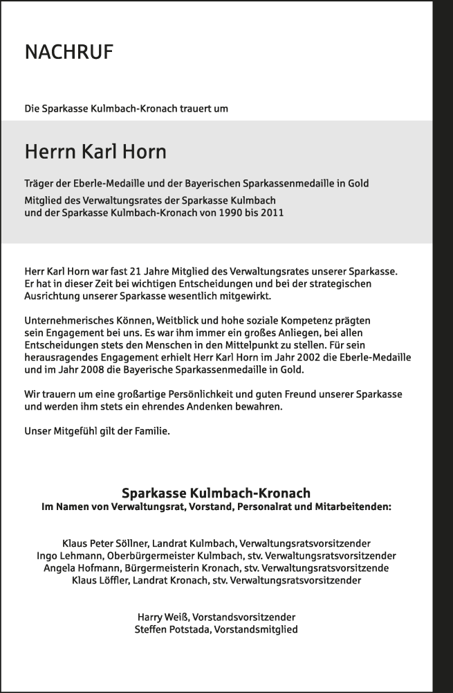  Traueranzeige für Karl Horn vom 15.03.2025 aus MGO