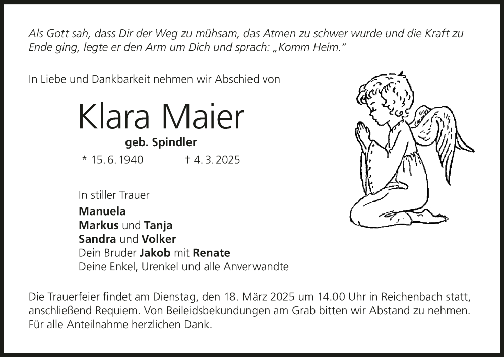  Traueranzeige für Klara Maier vom 15.03.2025 aus MGO