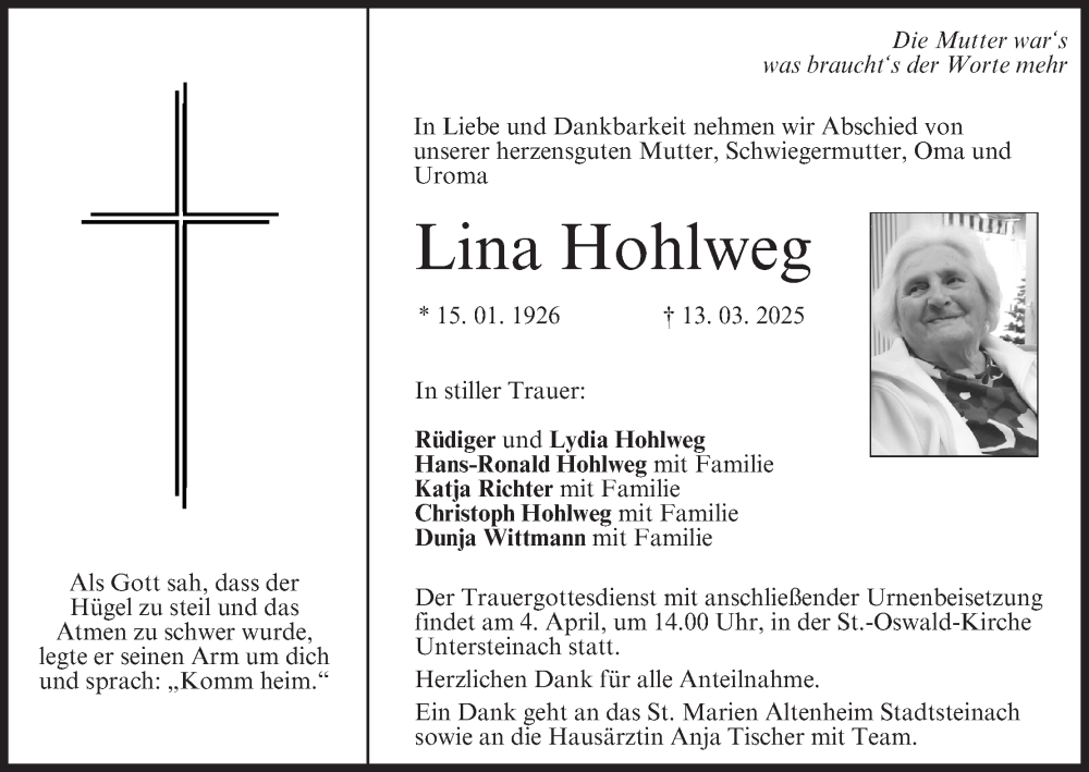  Traueranzeige für Lina Hohlweg vom 29.03.2025 aus MGO