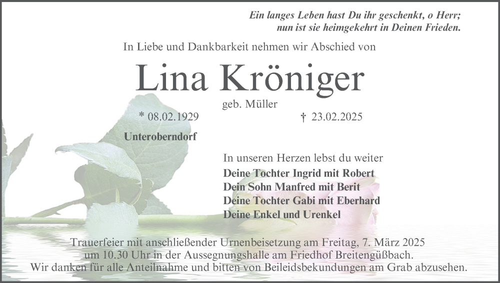  Traueranzeige für Lina Kröniger vom 01.03.2025 aus MGO