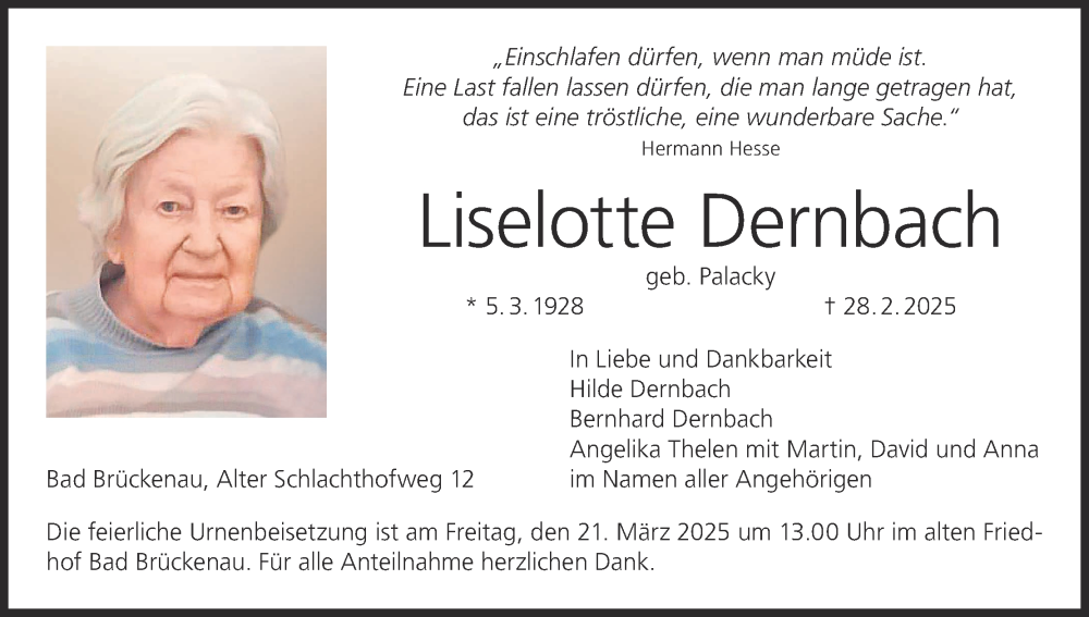  Traueranzeige für Liselotte Dernbach vom 15.03.2025 aus MGO