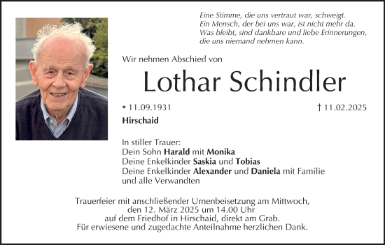 Anzeige von Lothar Schindler von MGO