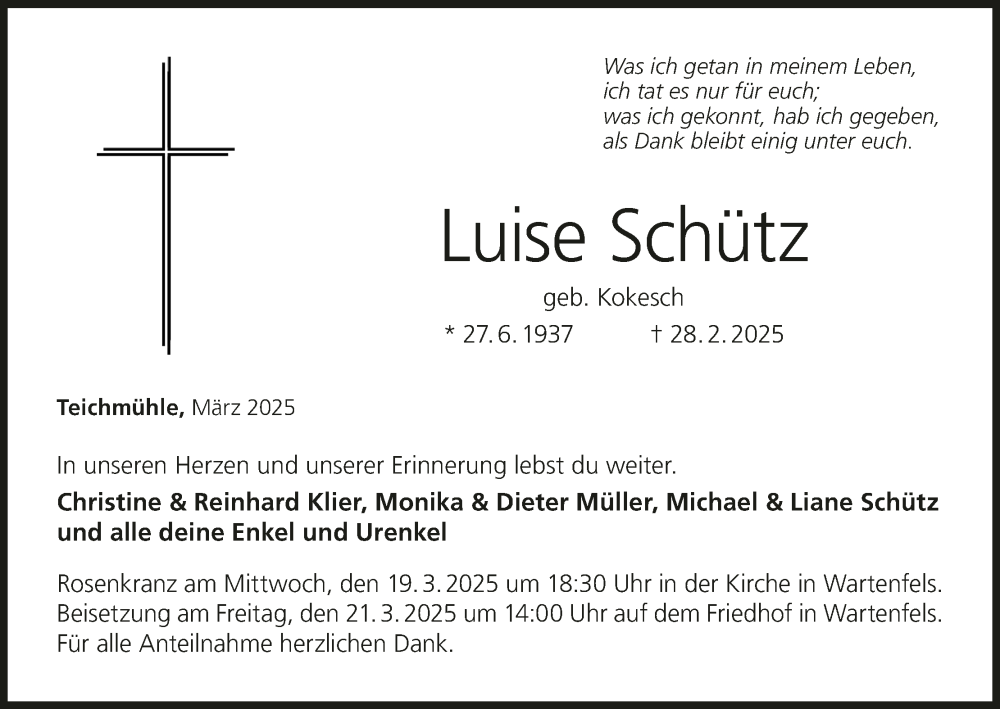  Traueranzeige für Luise Schütz vom 15.03.2025 aus MGO
