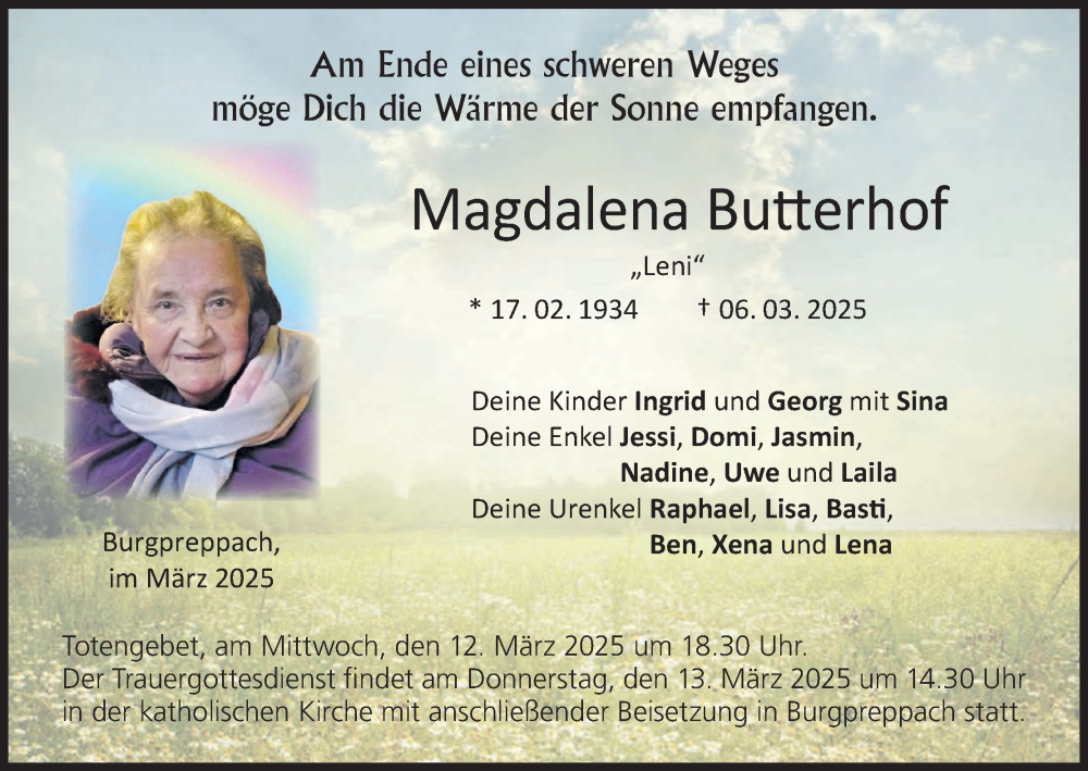  Traueranzeige für Magdalena Butterhof vom 11.03.2025 aus MGO