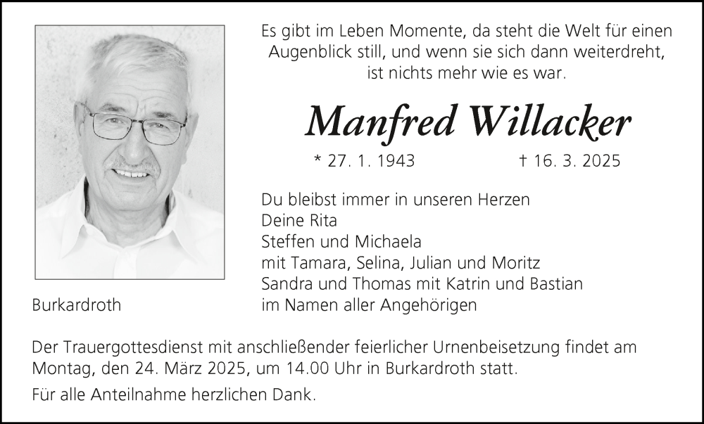  Traueranzeige für Manfred Willacker vom 22.03.2025 aus MGO