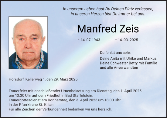 Anzeige von Manfred Zeis von MGO