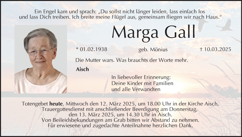  Traueranzeige für Marga Gall vom 12.03.2025 aus MGO